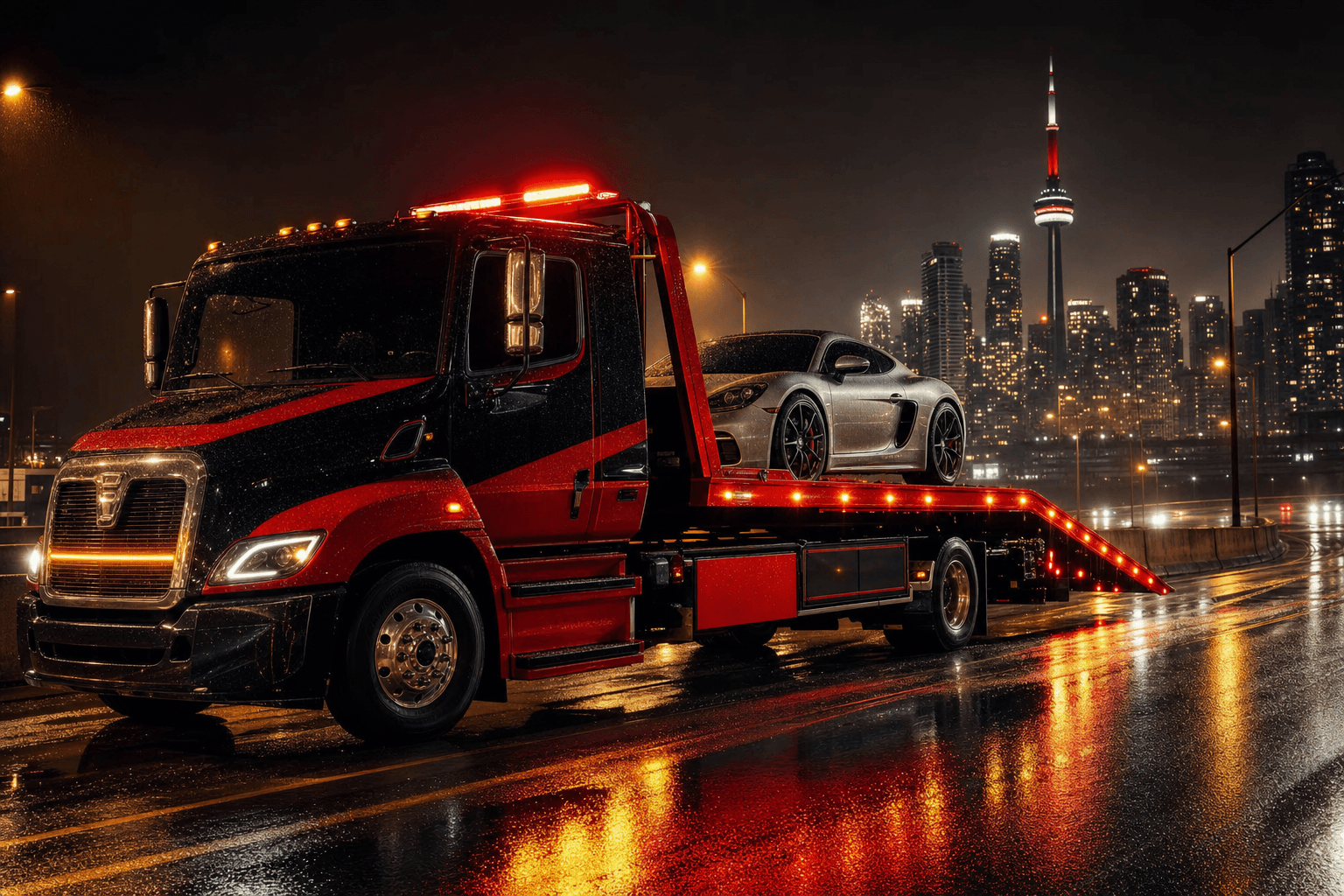 Premium flatbed tow truck at night
